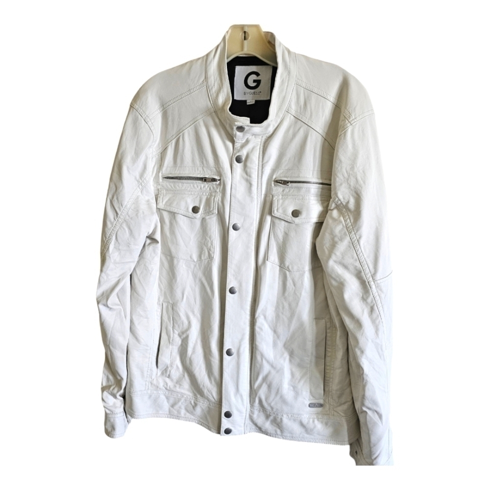 G By Guess White PU Leather Full Zip Jacket Coat Size Large